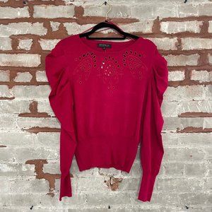 Joseph A - Raspberry Magenta Red Puff Sleeve Sweater with Chest Cutouts